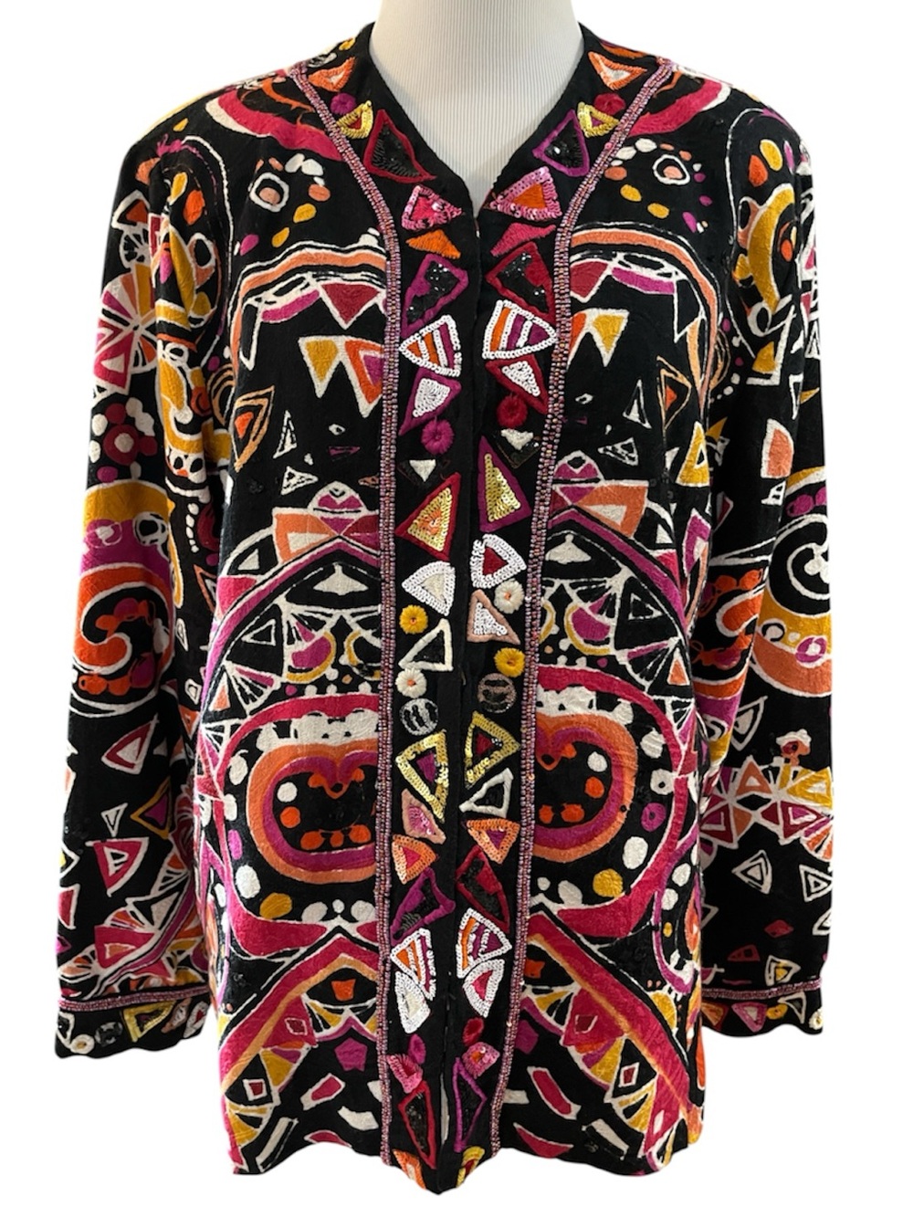 CHICOS EMBELLISHED BEADED SEQUIN COTTON JACKET ABSTRACT GEOMETRIC BOHO ARTSY 2 M